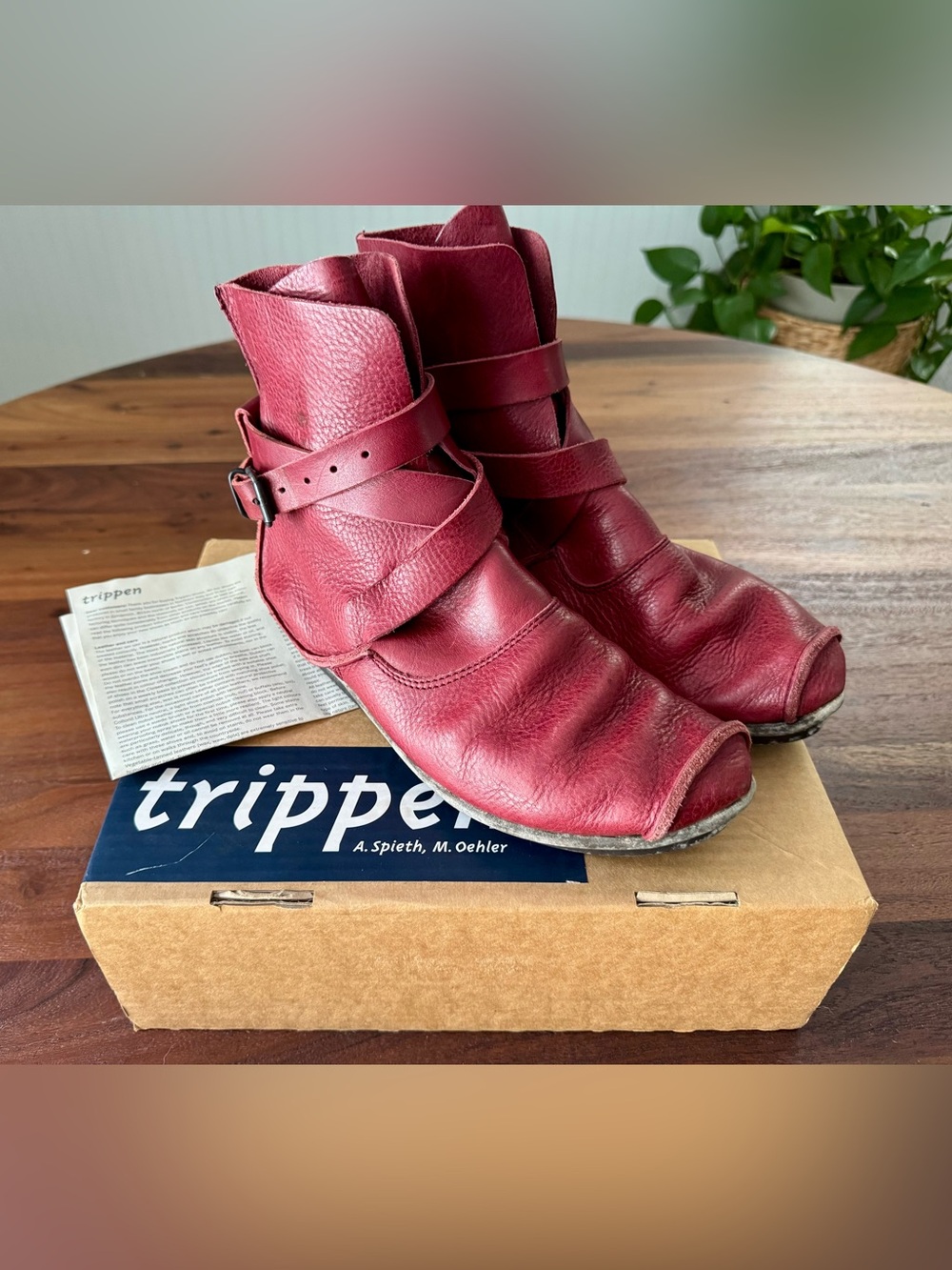 Trippen Women's Leather Strap Ankle Boots Size EU 41 Mild Wine (red) w/box EUC